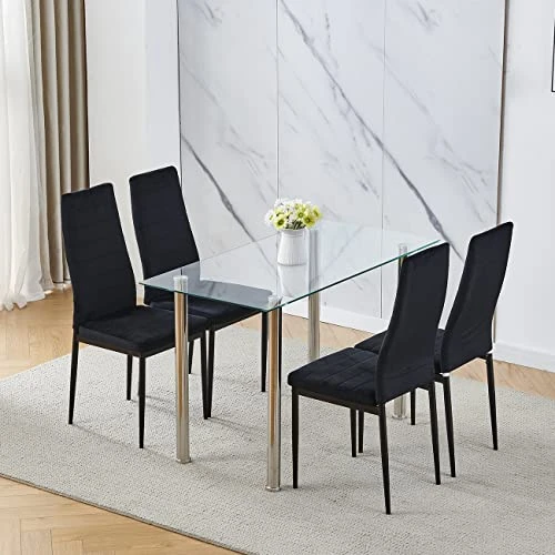 Nozama Rectangular Dining Table Chair Set Space Saving Dining Room Home Furniture Transparent Glass Stainless Steel Metal Legs For 4 People Flannal Black 4 Nozama Rectangular Dining Table Chair Set Space Saving Dining Room Home Furniture Transparent Glass Stainless Steel Metal Legs For 4 People Flannal Black - Image 2