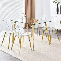 Ufurpie 5 Pieces Dining Room Table Set,Glass Dining Table & 4 Clear Dining Chairs,Gold Chrome Legs,Modern Clear Dining Table And Chair Sets For Small Space Living Room,Kitchen,Clear/Gold -Amazon Store 51XXbdP7a L. AC