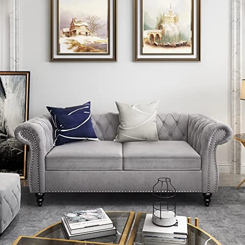 2 Piece Living Room Set, Velvet Chesterfield Sofa Loveseat Couch With Scroll Arms And Nailhead For Living Room, Office (Grey) 4 2 Piece Living Room Set, Velvet Chesterfield Sofa Loveseat Couch With Scroll Arms And Nailhead For Living Room, Office (Grey) - Image 2