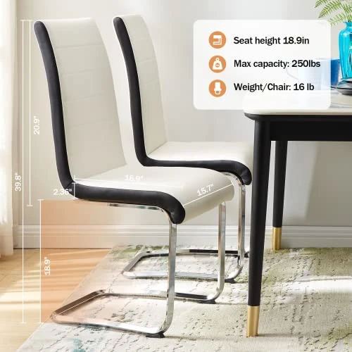 Modern Dining Table Set For 4 Person,5 Pieces Kitchen Dining Room Sets With Glass Round Table Top,Chrome Legs + 4 White With Black Side,Faux Leather High Back Dining Room Chairs Set For Home Office 5 Modern Dining Table Set For 4 Person,5 Pieces Kitchen Dining Room Sets With Glass Round Table Top,Chrome Legs + 4 White With Black Side,Faux Leather High Back Dining Room Chairs Set For Home Office - Image 3