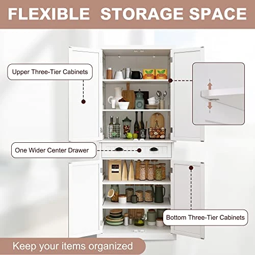 HLR Freestanding Kitchen Pantry Storage Cabinet With Adjustable Shelves, Black Pantry Cabinet For Kitchen, Living Room And Dining Room,White 5 HLR Freestanding Kitchen Pantry Storage Cabinet With Adjustable Shelves, Black Pantry Cabinet For Kitchen, Living Room And Dining Room,White - Image 3