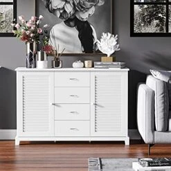 HOMCOM Sideboard Buffet Cabinet, Kitchen Cabinet, Coffee Bar Cabinet With 4 Drawers And 2 Louvered Doors For Living Room, Kitchen, White 10 HOMCOM Sideboard Buffet Cabinet, Kitchen Cabinet, Coffee Bar Cabinet With 4 Drawers And 2 Louvered Doors For Living Room, Kitchen, White -Amazon Store 51XbpHF746S