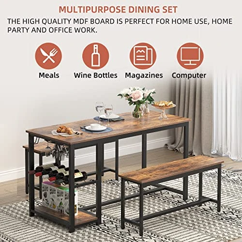SogesHome 3-Piece Kitchen Dining Table Set, Table Bench Set For 4, Breakfast Nook Table With Wine Rack And Glass Holder, Space-Saving Table Set For Restaurant, Coffee Shop, Living Room 7 SogesHome 3-Piece Kitchen Dining Table Set, Table Bench Set For 4, Breakfast Nook Table With Wine Rack And Glass Holder, Space-Saving Table Set For Restaurant, Coffee Shop, Living Room - Image 5