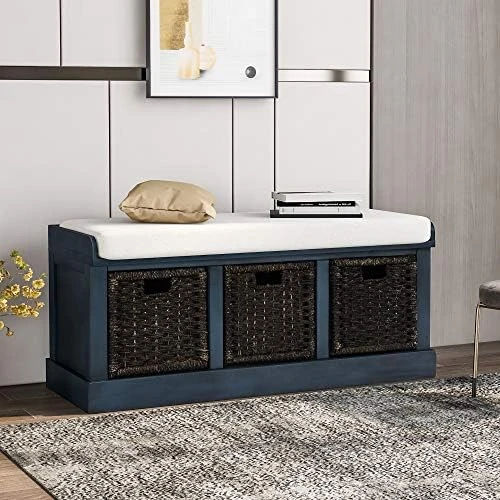 Storage Bench With 3 Basket Drawers, Rustic Entryway Bench/Shoe Bench With Cushioned Seat For Entryway, Hallway, Mudroom, Living Room (Off-White) 10 Storage Bench With 3 Basket Drawers, Rustic Entryway Bench/Shoe Bench With Cushioned Seat For Entryway, Hallway, Mudroom, Living Room (Off-White) - Image 8