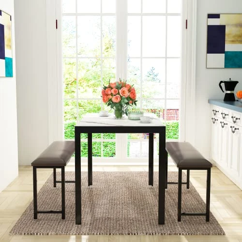 AWQM 3 Pieces Dining Room Table Set, Kitchen Table Set With Faux Marble Top Table And 2 PU Leather Upholstered Benches For Breakfast Nook, Apartment And Compact Space, White 5 AWQM 3 Pieces Dining Room Table Set, Kitchen Table Set With Faux Marble Top Table And 2 PU Leather Upholstered Benches For Breakfast Nook, Apartment And Compact Space, White - Image 3