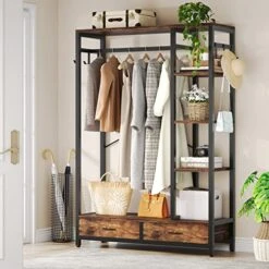 LITTLE TREE Free-standing Closet Organizer, 79" Coat Rack With 2 Drawers, Hall Tree With Hooks And Shelves, Industrial Garment Rack For Entryway, Bedroom, Living Room -Amazon Store 51XrNP3wVkL