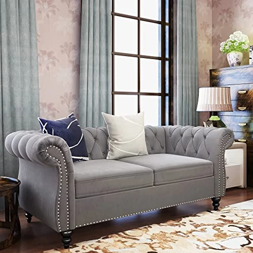 2 Piece Living Room Set, Velvet Chesterfield Sofa Loveseat Couch With Scroll Arms And Nailhead For Living Room, Office (Grey) 5 2 Piece Living Room Set, Velvet Chesterfield Sofa Loveseat Couch With Scroll Arms And Nailhead For Living Room, Office (Grey) - Image 3