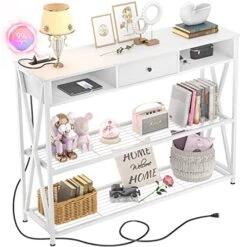 Armocity Console Table With Outlets, Entryway Table For Entry, 47 Inch Sofa Table With Drawers, Long Hallway Table, Industrial Behind Couch Table For Entryway, Sofa Couch, Entrance, Hallway, White