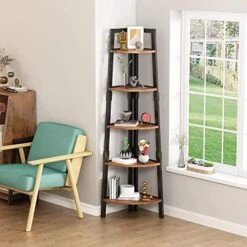 ALISENED 5 Tier Corner Shelf, 68.9" Wood Tall Ladder Bookshelf, Industrial Plant Stand Storage Shelving With Metal Frame For Bedroom, Library, Living Room, Home, Office, Rustic Brown -Amazon Store 51Y1n1cVwNL