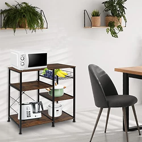 MUYIASER Kitchen Baker's Rack 4-Tier Microwave Stand With Storage Microwave Oven Stand With Steel Basket And 5 Hooks For Kitchen Home Spice Coffee Snack Vintage Brown 4 MUYIASER Kitchen Baker's Rack 4-Tier Microwave Stand With Storage Microwave Oven Stand With Steel Basket And 5 Hooks For Kitchen Home Spice Coffee Snack Vintage Brown - Image 2