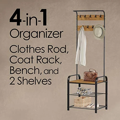 Lavish Home Entryway Coat Rack-Metal Hall Tree-Storage Bench, 9 Hooks, 2 Shelves For Shoes & Hanging Rod-Rustic Farmhouse Design Mudroom Organizer, 73", Brown 4 Lavish Home Entryway Coat Rack-Metal Hall Tree-Storage Bench, 9 Hooks, 2 Shelves For Shoes & Hanging Rod-Rustic Farmhouse Design Mudroom Organizer, 73", Brown - Image 2
