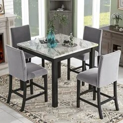 Dining Table Set For 4, Counter Height Dining Table Set With Faux Marble Dining Table And 4 Upholstered-Seat Chairs, 5 Piece Dining Room Table Set For Kitchen And Living Room Furniture, Gray