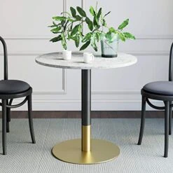 Nathan James Bistro Lucy Small Mid-Century Modern Kitchen Or Dining Table With Faux Carrara Marble Top And Brushed Metal Pedestal Base, Black/Gold 31D X 31.5W X 29H In