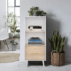Giluta Mid-Century Bookcase With Drawer, 2-Tier Bookshelf Wine Cupboard Storage Cabinet, Record Player Stand, Kitchen Sideboard Buffet Cabinet For Small Space In White And Oak Finish