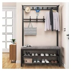 YAWEDA Hall Trees With Bench And 10 Hooks Entryway Coat Racks Shoe Bench Industrial Entryway Home Furniture Storage Shelf Organizer Accent Furniture With Metal Frame