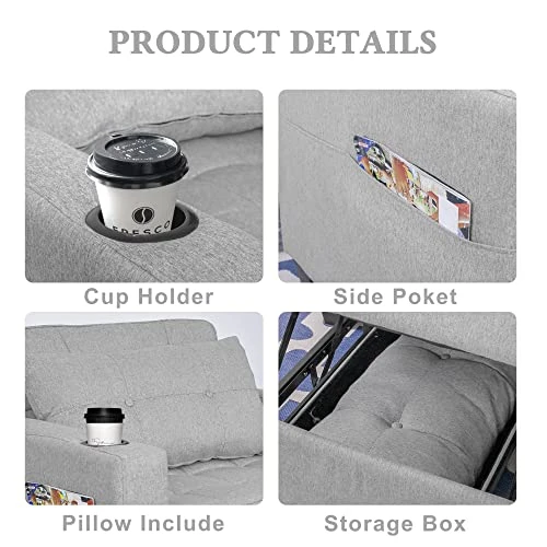 DURASPACE Futon Sofa Bed, 3 In 1 Convertible Sofa Chair Bed, Adjustable Backrest Chair, Chaise Lounge With USB Ports, Cup Holder, Side Pocket, Storage Box For Living Room (Light Gray Linen) 6 DURASPACE Futon Sofa Bed, 3 In 1 Convertible Sofa Chair Bed, Adjustable Backrest Chair, Chaise Lounge With USB Ports, Cup Holder, Side Pocket, Storage Box For Living Room (Light Gray Linen) - Image 4