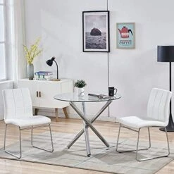 WENYU 3 Pieces Glass Dining Table Set, Round Kitchen Table With Clear Tempered Glass Top, Modern Dining Table And Chairs Set For 2 Person (Table + 2 White Chairs)
