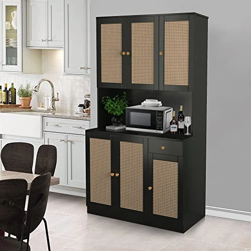 Wirrtory 71” Rattan Freestanding Kitchen Pantry Storage Cabinet, Buffet Cupboards Sideboard Modern Hutch Cabinet with 6 Doors & Drawer For Kitchen Living Room (Black) 6 Wirrtory 71” Rattan Freestanding Kitchen Pantry Storage Cabinet, Buffet Cupboards Sideboard Modern Hutch Cabinet with 6 Doors & Drawer For Kitchen Living Room (Black) - Image 4