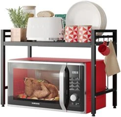 NETEL Extendable Microwave Oven Rack, Adjustable Microwave/Toaster Shelf Heavy Duty Stand Kitchen Counter Top Organizer, 2-Tier With 4 Hooks, 55lbs Weight Capacity,Black -Amazon Store 51YcfXpG1L. AC