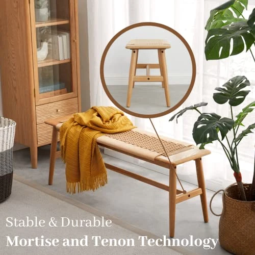 Marsrizon 32" L 100% FAS Oak Boho Bench Solid Wood Rope Woven Entryway Bench, Dining Bench Modern Furniture For Entryway, Dining Room, Bedroom, Kitchen (Natural) 6 Marsrizon 32" L 100% FAS Oak Boho Bench Solid Wood Rope Woven Entryway Bench, Dining Bench Modern Furniture For Entryway, Dining Room, Bedroom, Kitchen (Natural) - Image 4