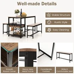 Giantex 3-Piece Dining Table Set For 4, Rustic Kitchen Dinner Table With 2 Benches, Breakfast Nook Table W/Wine Rack & Glass Holder, Dining Room Table Set For Small Space Kitchen Coffee Shop -Amazon Store 51Ys0zhW1RL
