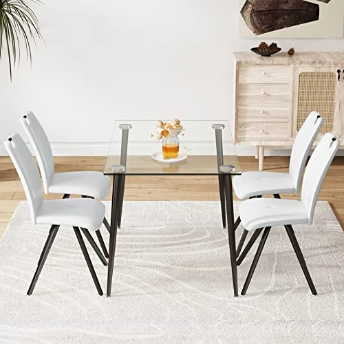 FURNITO Glass Dining Table Set For 4, 5 Piece Kitchen Dining Table Set With Modern PU Leather Chairs Set Of 4,for Dining Room,Living Room Table Set (1 X 47 Inch Glass Table+4 Leather Chairs) 5 FURNITO Glass Dining Table Set For 4, 5 Piece Kitchen Dining Table Set With Modern PU Leather Chairs Set Of 4,for Dining Room,Living Room Table Set (1 X 47 Inch Glass Table+4 Leather Chairs) - Image 3