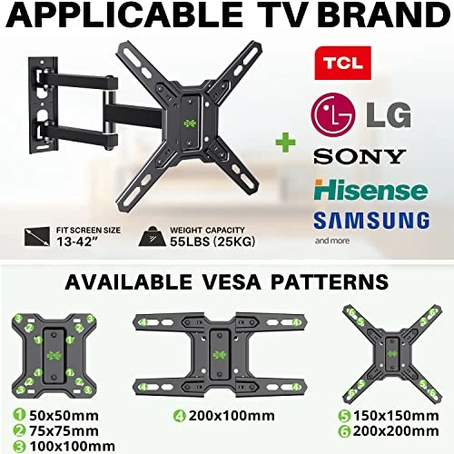 USX MOUNT Full Motion TV Monitor Wall Mount For Most 13-42 Inch Flat Curved Screen TVs & Monitors Up To 55lbs, Single Stud TV Mount Bracket Articulating Arms Swivel Tilt Extension, Max VESA 200x200mm 4 USX MOUNT Full Motion TV Monitor Wall Mount For Most 13-42 Inch Flat Curved Screen TVs & Monitors Up To 55lbs, Single Stud TV Mount Bracket Articulating Arms Swivel Tilt Extension, Max VESA 200x200mm - Image 2