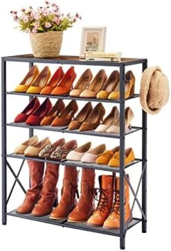 Tajsoon 5-Tier Shoe Rack Organizer, Industrial Shoe Rack For Closet Entryway, Metal Mesh Shoe Storage Shelf With X Shape Fixed Frame, With 2 Hooks, Rustic Brown & Black -Amazon Store 51Z7ck9qTL. AC