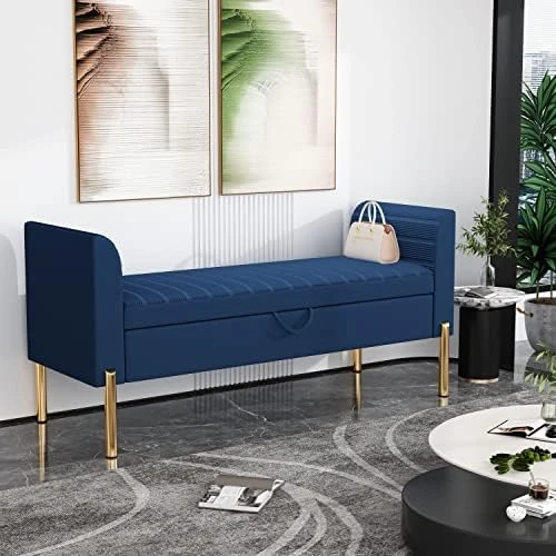 ALISH Storage Bench,Upholstered Storage Ottoman Bench,Modern Bed Bench Entryway Bench With Gold Legs For Bedroom Living Room Blue 8 ALISH Storage Bench,Upholstered Storage Ottoman Bench,Modern Bed Bench Entryway Bench With Gold Legs For Bedroom Living Room Blue - Image 6