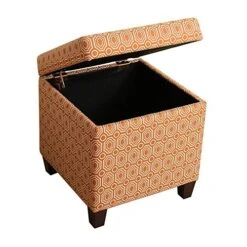 HomePop Upholstered Storage Cube Ottoman With Hinged Lid, Orange Geometric