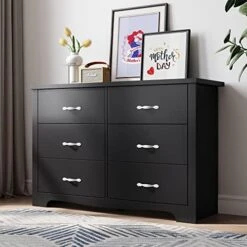 LINSY HOME 6 Drawer Dresser, Black Dresser For Bedroom, Modern Double Dresser Organizer, Black Wood Dresser Chest Of Drawers For Baby,Kids Bedroom -Amazon Store 51ZRNvkEI L. AC