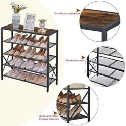 Tajsoon 5-Tier Shoe Rack Organizer, Industrial Shoe Rack For Closet Entryway, Metal Mesh Shoe Storage Shelf With X Shape Fixed Frame, With 2 Hooks, Rustic Brown & Black -Amazon Store 51ZhMVmlLUL
