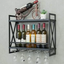Industrial Wine Rack 14 Bottles Wall-Mounted Wine Cabinet With 5 Glasses Holder Metal Wine Storage Shelf Multi-Function Display Rack For Home Bar Restaurant Kitchen 23.6'' X7.9'' X20.5''