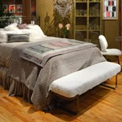 64" White Sherpa Bench With Brass Finish Legs Brown Solid Mid-Century Modern Contemporary Fabric Metal -Amazon Store 51ZuHg6eZeL