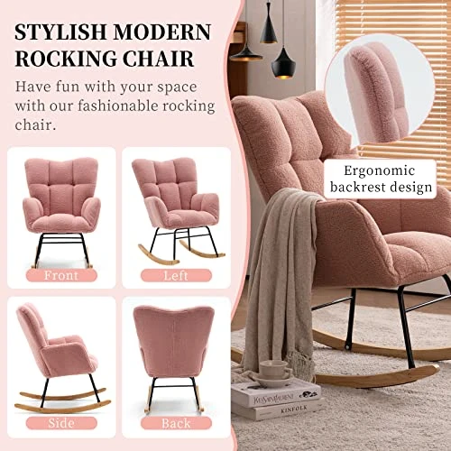 NIOIIKIT Nursery Rocking Chair Teddy Upholstered Glider Rocker Rocking Accent Chair Padded Seat With High Backrest Armchair Comfy Side Chair For Living Room Bedroom Offices (Pink Teddy) 6 NIOIIKIT Nursery Rocking Chair Teddy Upholstered Glider Rocker Rocking Accent Chair Padded Seat With High Backrest Armchair Comfy Side Chair For Living Room Bedroom Offices (Pink Teddy) - Image 4
