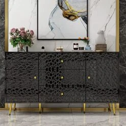 FAMAPY Credenza Storage Cabinet Sideboards And Buffets With Drawers & Doors, Polished Cellular Surface, Serving Bar Buffet Cabinet, Gold Metal Legs, Black (55.1”W X 15.7”D X 30.8”H) -Amazon Store 51aA1IKfXmL