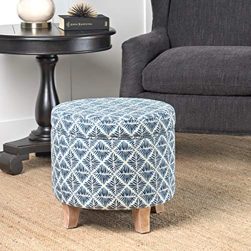 Homepop Home Decor | Upholstered Round Storage Ottoman | Ottoman With Storage For Living Room & Bedroom With Flared Legs, Navy Blue Geometric Pattern 6 Homepop Home Decor | Upholstered Round Storage Ottoman | Ottoman With Storage For Living Room & Bedroom With Flared Legs, Navy Blue Geometric Pattern - Image 4