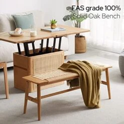 32" Rattan Bench, 100% Solid Oak Wood Bench, Hand Woven Design For Dining Bench, Rustic Design Narrow Wooden Bench, Boho Small Bench For Entryway, Dining Room, Bedroom, Window(Natural) -Amazon Store 51aGKeQBGwL