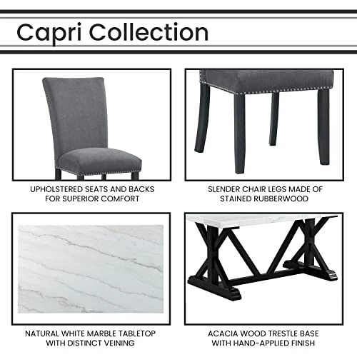 Hanover Linen Capri 7-Piece Dining Room Set White Marble Top Trestle Table And 4 Side Modern Luxury Furniture For Home Upholstered Chairs | Acacia Wood Base | HDR015-7PC-WHT, Natural, Gray 6 Hanover Linen Capri 7-Piece Dining Room Set White Marble Top Trestle Table And 4 Side Modern Luxury Furniture For Home Upholstered Chairs | Acacia Wood Base | HDR015-7PC-WHT, Natural, Gray - Image 4