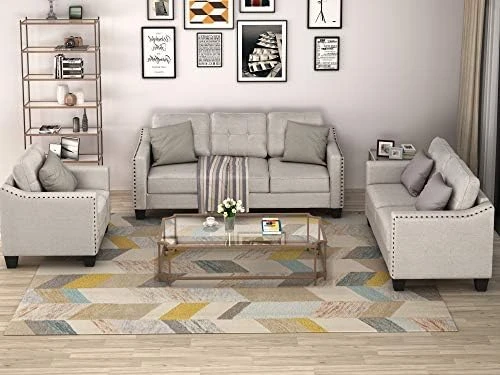 Harper & Bright Designs 3-Piece Living Room Storage Sofa Set With 3-Seat Couch, Loveseat And Single Armchair, Silver Nailhead Trim/Hidden Storage Space Under Seat/Classical Wooden Legs/Beige Fabric 9 Harper & Bright Designs 3-Piece Living Room Storage Sofa Set With 3-Seat Couch, Loveseat And Single Armchair, Silver Nailhead Trim/Hidden Storage Space Under Seat/Classical Wooden Legs/Beige Fabric - Image 7