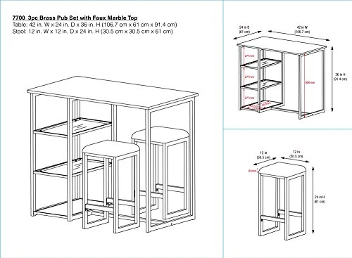 Dorel Living Tanner 3-Piece Brass Pub Set With Faux Marble Top, White 6 Dorel Living Tanner 3-Piece Brass Pub Set With Faux Marble Top, White - Image 4