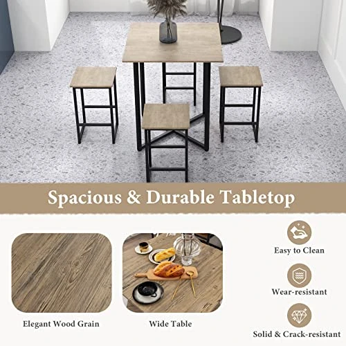 Giantex 5 Piece Dining Table Set, Industrial Kitchen Table Set W/ 4 Stools, Square Space-Saving Bar Table Set For Small Spaces, Apartment, Counter Height Table Sets W/Metal Frame (Natural & Black) 5 Giantex 5 Piece Dining Table Set, Industrial Kitchen Table Set W/ 4 Stools, Square Space-Saving Bar Table Set For Small Spaces, Apartment, Counter Height Table Sets W/Metal Frame (Natural & Black) - Image 3