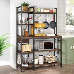 LITTLE TREE Kitchen Bakers Rack With Storage, 43 Inch Wide Large Kitchen Racks Shelves, 5-Tier Tall Bakers Rack Utility Kitchen Shelves Organizers And Storage With 10 Hooks For Kitchen, Rustic Brown -Amazon Store 51aRpTBX2AL