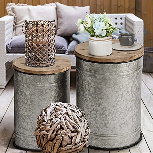 Oneinmil Rustic Storage Bins Farmhouse End Table Farmhouse Furniture Galvanized Metal Stool Ottoman Seat With Round Wood Lid Set Of 2 6 Oneinmil Rustic Storage Bins Farmhouse End Table Farmhouse Furniture Galvanized Metal Stool Ottoman Seat With Round Wood Lid Set Of 2 - Image 4