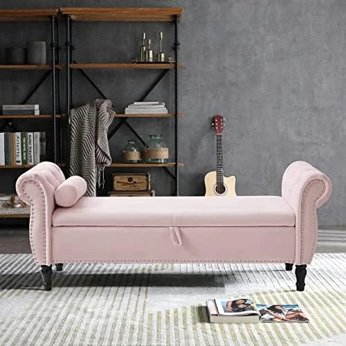 KIVENJAJA Storage Bench For Bedroom End Of Bed, 63" Long Velvet Tufted Upholstered Window Ottoman Benches Seat With Pillow, Rolled Arm Nailhead Trim & Solid Wood Legs, Blue 13 KIVENJAJA Storage Bench For Bedroom End Of Bed, 63" Long Velvet Tufted Upholstered Window Ottoman Benches Seat With Pillow, Rolled Arm Nailhead Trim & Solid Wood Legs, Blue - Image 11