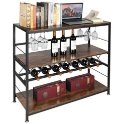 ALAPUR Industrial Wine Rack Table, Freestanding Wine Bar Table With Glass Holder And Bottle Shelf, Table Bar With Wine Storage, Brown 41''x16''x37''