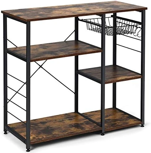 Giantex Kitchen Baker’s Rack Industrial Style Microwave Oven Stand With Wire Basket, 6 Hooks, 3 Storage Shelves, Standing Coffee Bar Table Metal Frame (Natural & White) 12 Giantex Kitchen Baker’s Rack Industrial Style Microwave Oven Stand With Wire Basket, 6 Hooks, 3 Storage Shelves, Standing Coffee Bar Table Metal Frame (Natural & White) - Image 10