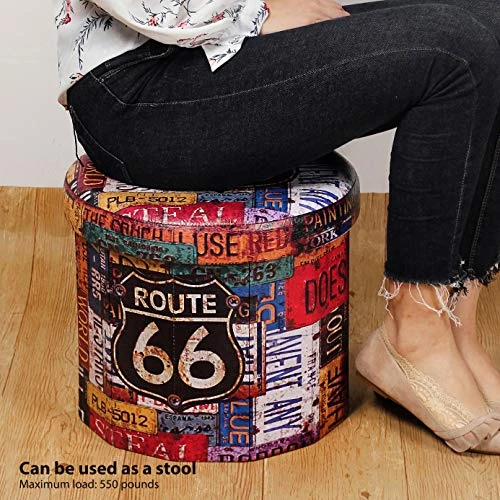B FSOBEIIALEO Folding Storage Ottoman Round, Faux Leather Foot Rest Seat, Storage Organizer Toy Chest 15" (Route 66 Barrel) 4 B FSOBEIIALEO Folding Storage Ottoman Round, Faux Leather Foot Rest Seat, Storage Organizer Toy Chest 15" (Route 66 Barrel) - Image 2
