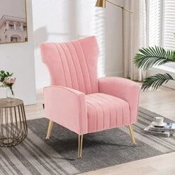 Altrobene Velvet Accent Chair Modern Wingback Comfy Chair Tufted Reading Armchair With Gold Legs For Living Room/Bedroom, Light Pink -Amazon Store 51axMJ2cdqL