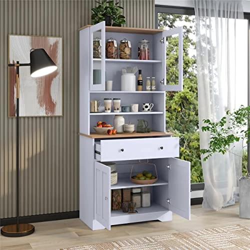 TURRIDU Pantry Storage Cabinet, 70.9" Freestanding Tall Storage Cabinet With Glass Doors, A Large Drawer And Adjustable Shelves, Multifunctional Buffet Sideboard For Living Room Dining Room, White 5 TURRIDU Pantry Storage Cabinet, 70.9" Freestanding Tall Storage Cabinet With Glass Doors, A Large Drawer And Adjustable Shelves, Multifunctional Buffet Sideboard For Living Room Dining Room, White - Image 3